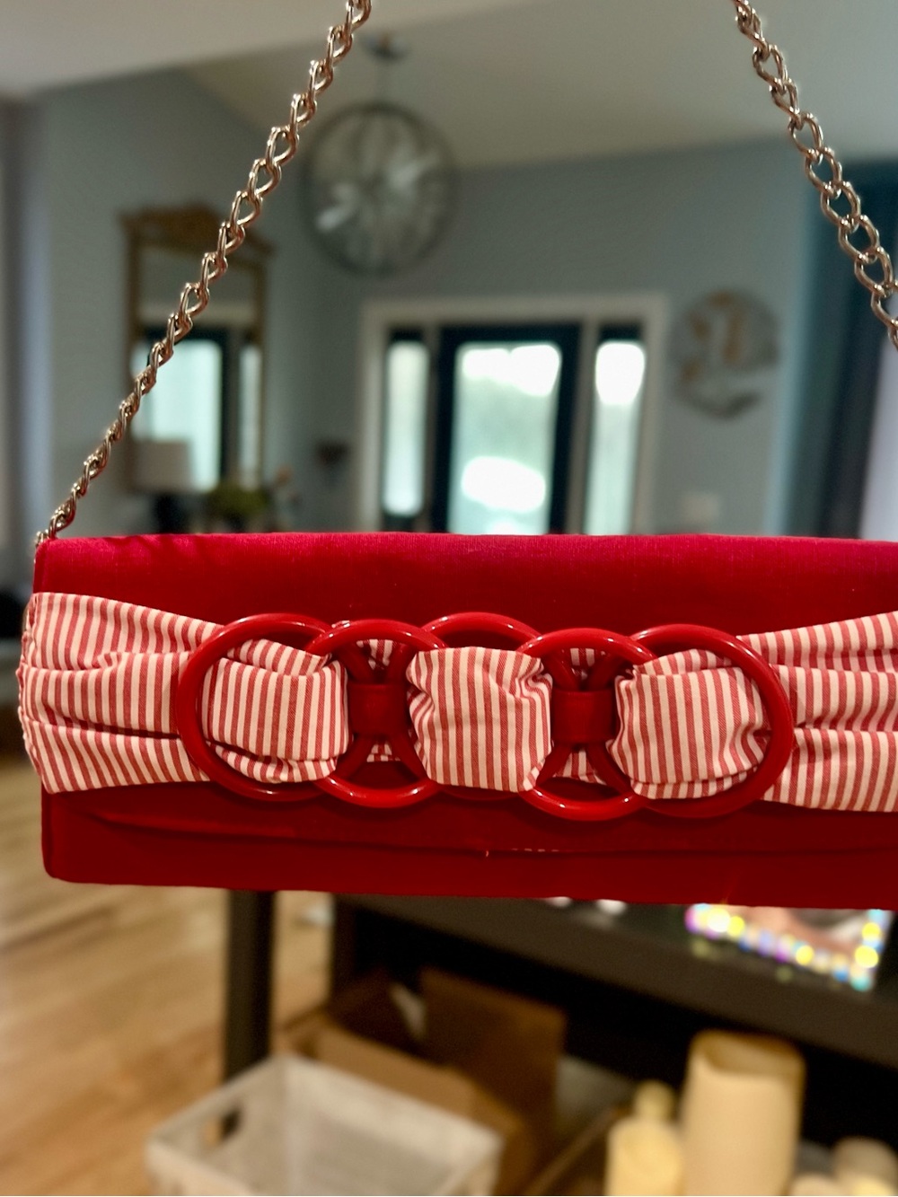 Steve Madden Red Women’s Chain Shoulder Bag with Striped Bow Accent